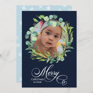 Modern Blue Elegant Script Eucalyptus Foliage Holiday Card