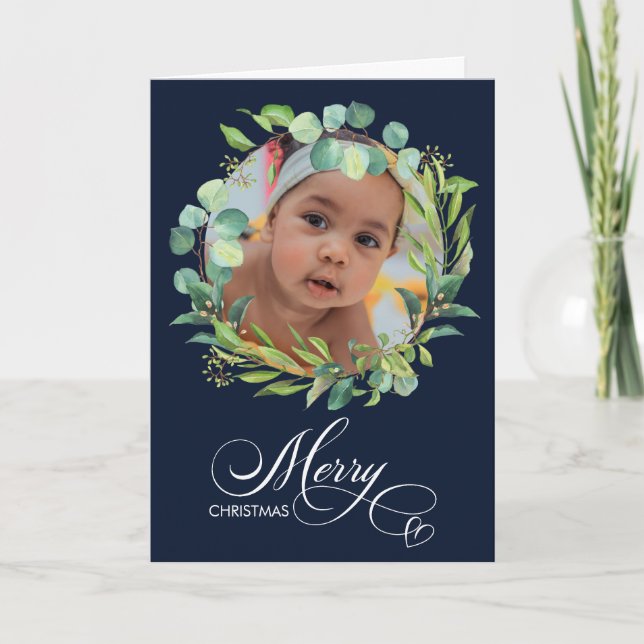 Modern Blue Elegant Script Eucalyptus Foliage Holiday Card (Front)