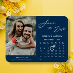 Modern Blue Elegant Script Photo Save the Date Magnet<br><div class="desc">Modern Blue | Cerulean background Elegant Script ‘Save the Date’ Magnet featuring Custom Calendar with a beautiful Photo. Let your family, friends and colleagues know that you have set a date for your wedding celebration with this elegant magnet. To move the Ring marker > click blue ‘Personalize’ > scroll down...</div>