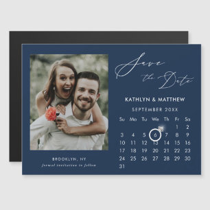 Modern Blue Elegant Script Photo Save The Date Magnetic Invitation