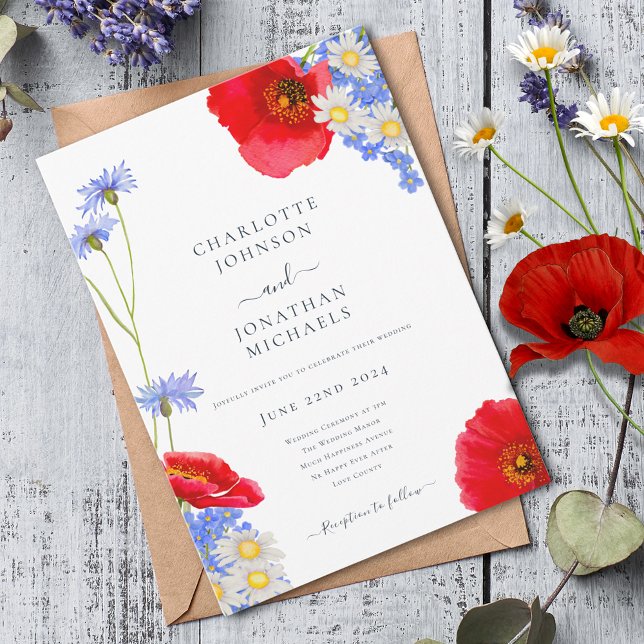 Modern Blue Elegant Summer Floral Wedding Invitation (Modern wildflower watercolor boho blue wedding invitation )