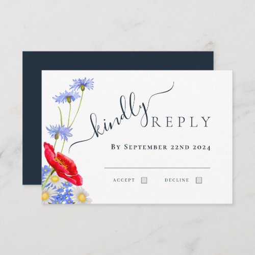 Modern Blue Elegant Summer Floral Wedding RSVP Card