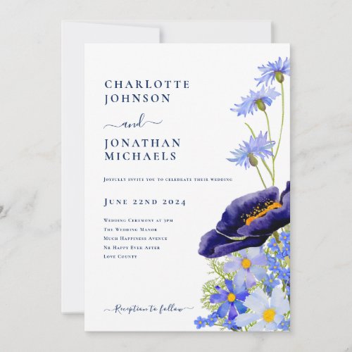 Modern Blue Elegant Wildflower Wedding Invitation