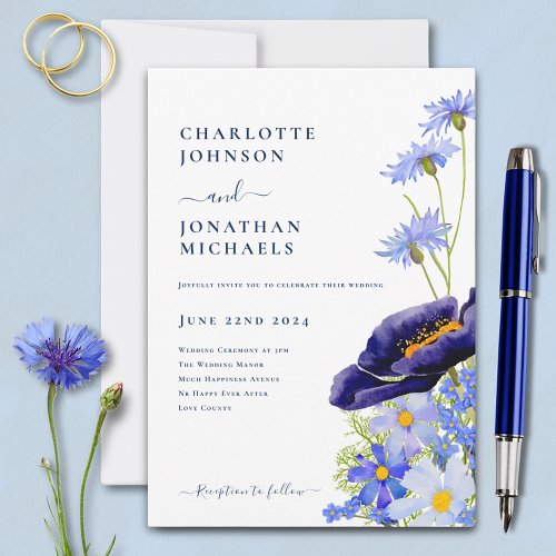 Modern Blue Elegant Wildflower Wedding Invitation