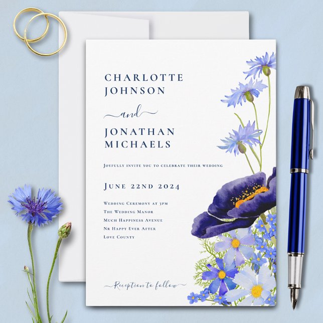 Modern Blue Elegant Wildflower Wedding Invitation (Boho chic blue wildflower wedding invitation with elegant typography script )