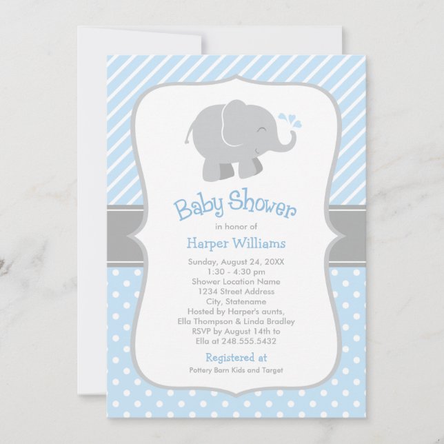 Modern Blue Elephant Baby Boy Shower Invitation (Front)