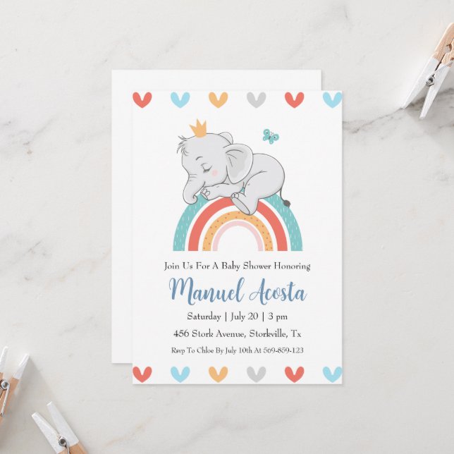 modern blue elephant baby shower invitations (Front/Back In Situ)