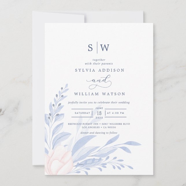 Modern Blue Eucalyptus Greenery Succulent Wedding Invitation (Front)