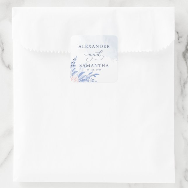 Modern Blue Eucalyptus Greenery Succulent Wedding Square Sticker (Bag)