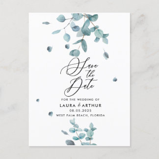 Modern Blue Eucalyptus Wedding Save the Date Announcement Postcard