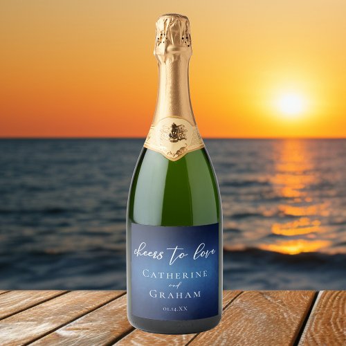 Modern Blue Evening Wedding Custom Cheers to Love Sparkling Wine Label