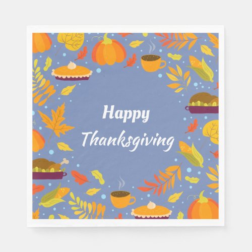 Modern Blue Fall Happy Thanksgiving Dinner Napkins