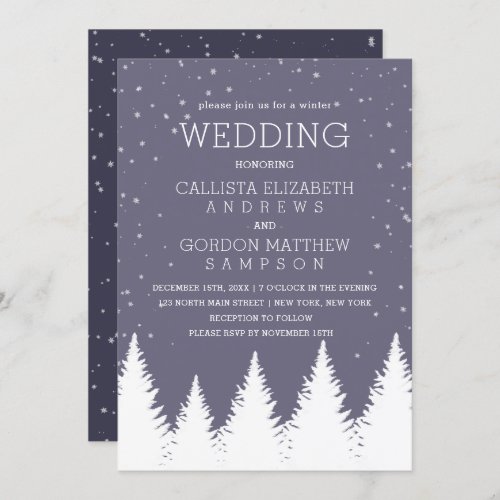 Modern Blue Falling Snow Winter Trees Wedding Invitation