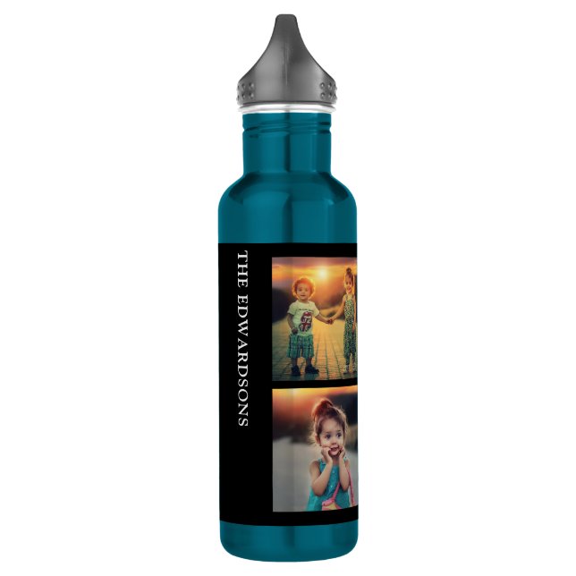 Modern blue family 4 photo collage family name stainless steel water bottle (Left)