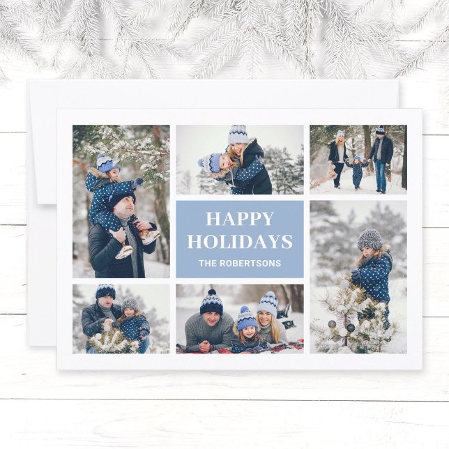 Modern Blue Family 8 Photo Collage Christmas Card (Modern, elegant family in winter photo collage Christmas greeting card in ligh blue, Happy Holidays.)