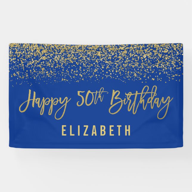 Modern Blue Faux Gold Glitter 50th Birthday Banner (Horizontal)