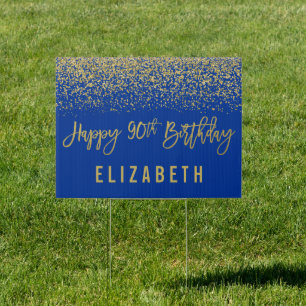 Modern Blue Faux Gold Glitter 90th Birthday Sign