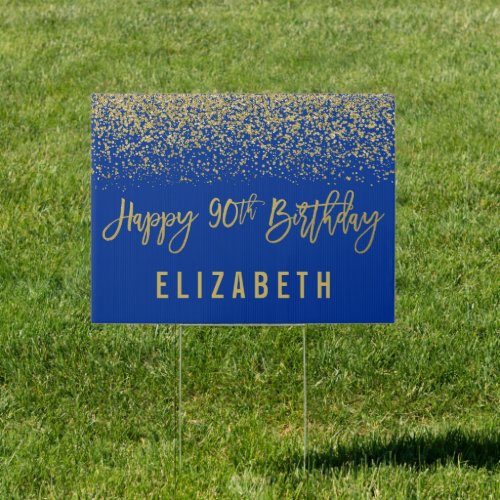 Modern Blue Faux Gold Glitter 90th Birthday Sign