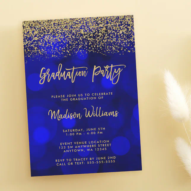 Modern Blue Faux Gold Glitter Graduation Party Invitation | Zazzle