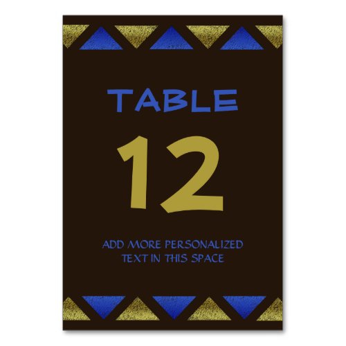 Modern Blue Faux Gold Triangles Dark Brown Custom Table Number