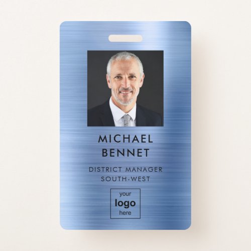 Modern Blue Faux Metallic Corporate Photo ID Badge
