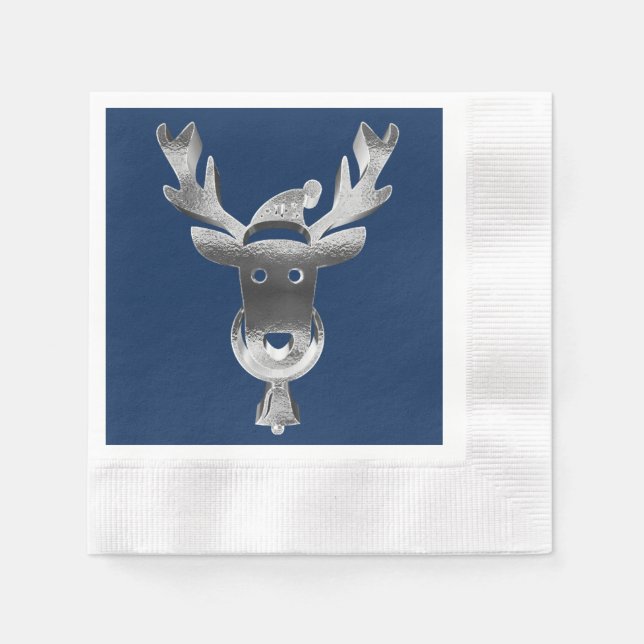 Modern Blue Faux Silver Gray Reindeer Christmas Napkins (Front)
