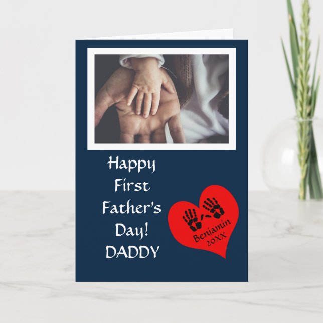 Modern Blue First Father's Day Photo Holiday Card (Front)