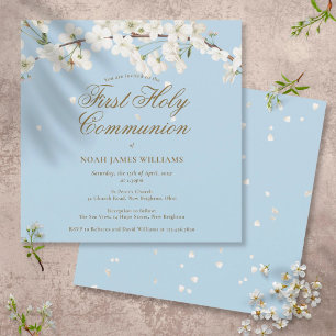 Modern Blue First Holy Communion White Blossom Invitation