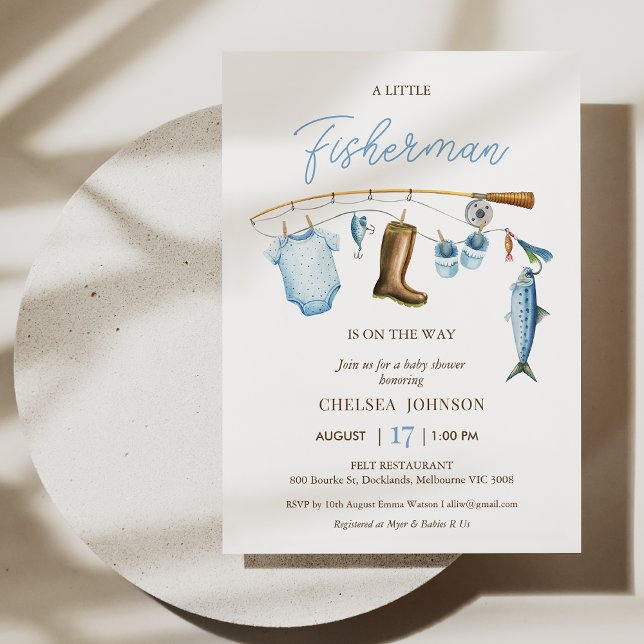 Modern Blue Fisherman Fishing Themed Baby Shower Invitation (Boys Fishing Themed Baby Shower Invitation, Fishing Baby Shower Invitation Template, Fishing Rod)