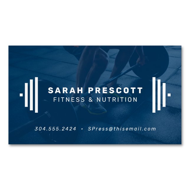 Modern blue fitness trainer photo business card magnet (Front)
