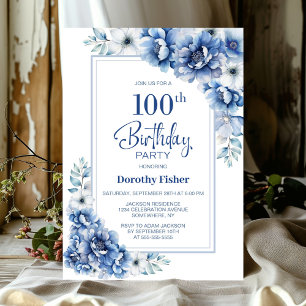 Modern Blue Floral 100th Birthday Party Invitation