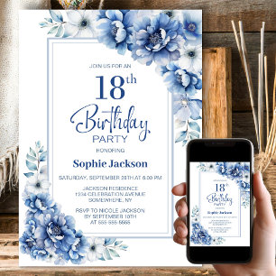 Modern Blue Floral 18th Birthday Party Invitation