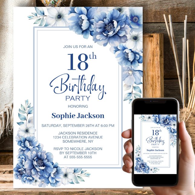 Modern Blue Floral 18th Birthday Party Invitation (Creator Uploaded)