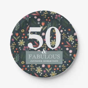 Modern Blue Floral 50 and Fabulous Birthday Paper  Plates