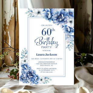 Modern Blue Floral 60th Birthday Party Invitation