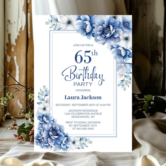Modern Blue Floral 65th Birthday Party Invitation (Creator Uploaded)