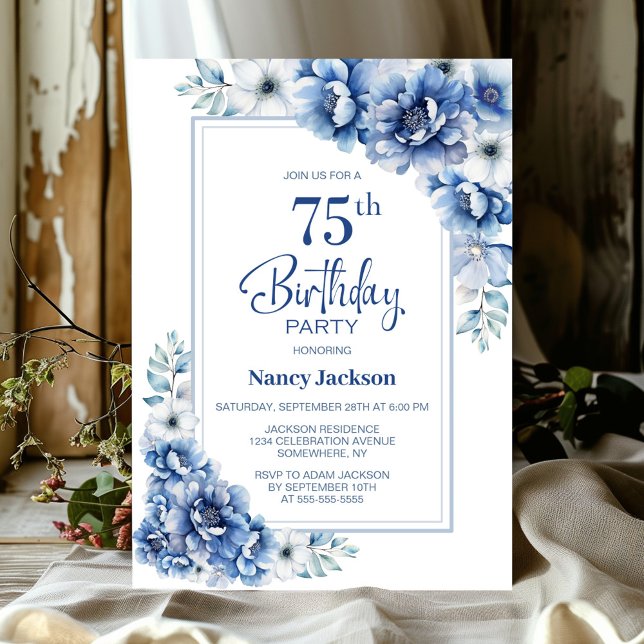 Modern Blue Floral 75th Birthday Party Invitation (Creator Uploaded)