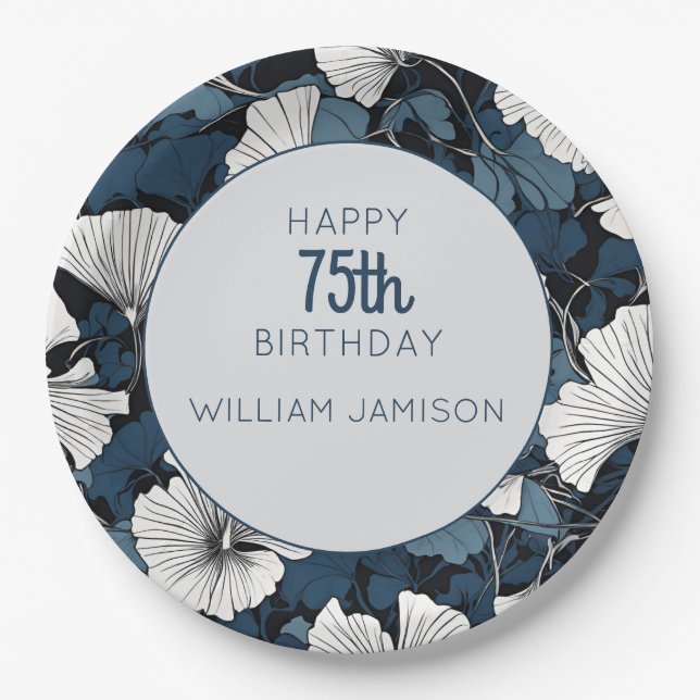 Modern Blue Floral 75th Birthday Party  Paper Plates (Front)