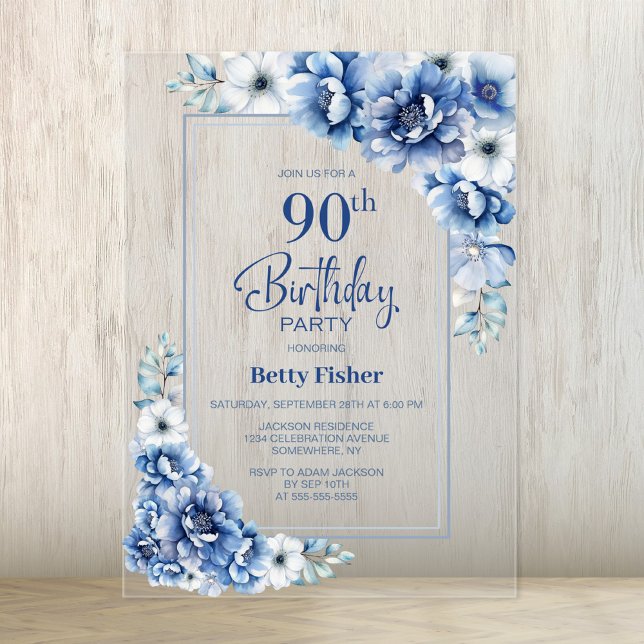 Modern Blue Floral 90th Birthday Party Acrylic Invitations (Creator Uploaded)
