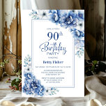 Modern Blue Floral 90th Birthday Party Invitation
