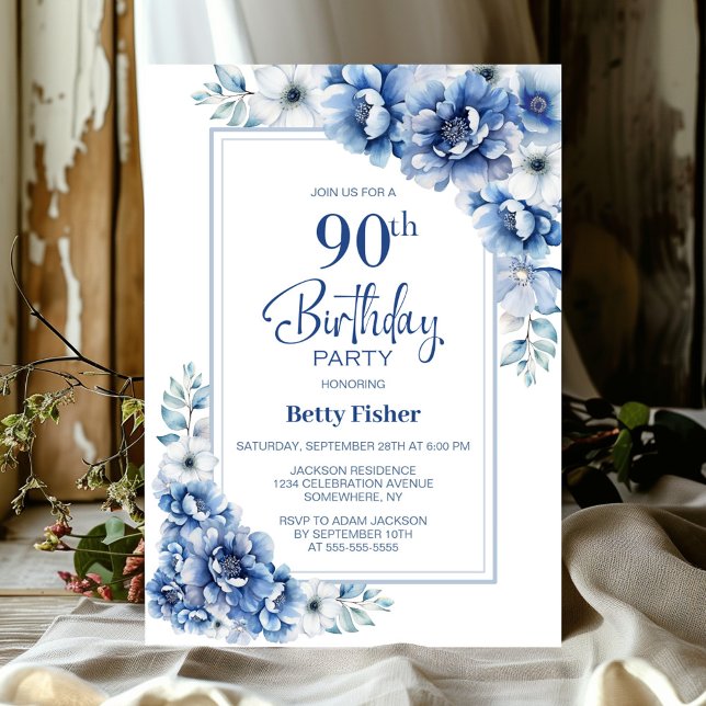 Modern Blue Floral 90th Birthday Party Invitation (Creator Uploaded)