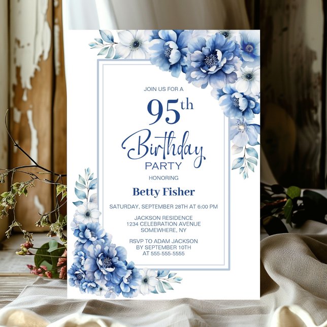 Modern Blue Floral 95th Birthday Party Invitation (Creator Uploaded)