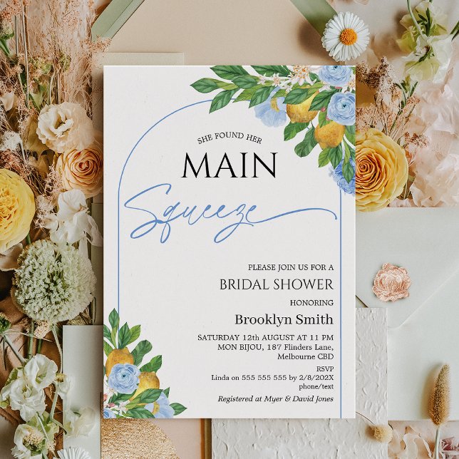 Modern Blue Floral Arch Lemon Bridal Shower Invitation (Lemon Bridal Shower Invitation Template, Blue Floral Lemon Bridal Shower, She Found Her Main Squeeze)