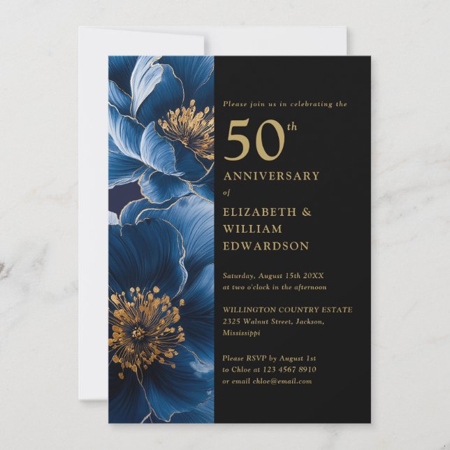 Modern Blue Floral Black And Gold 50th Anniversary Invitation (Front)