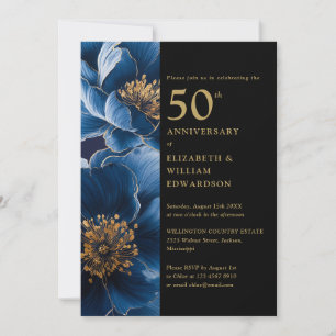Modern Blue Floral Black And Gold 50th Anniversary Invitation