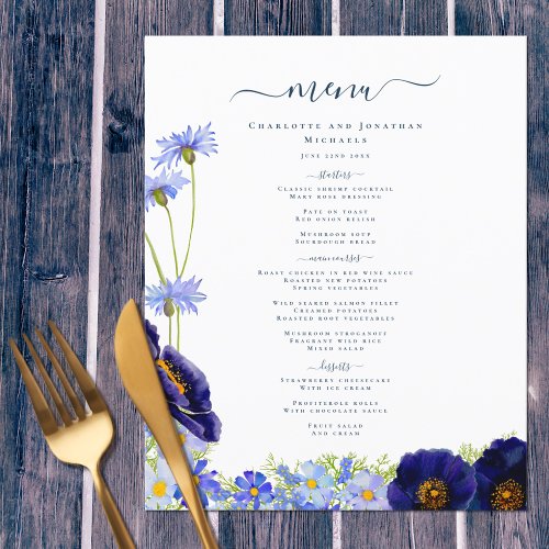 Modern Blue Floral Boho Wedding Menu