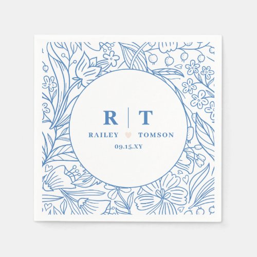 Modern Blue Floral Botanical Wedding Monogram Napkins