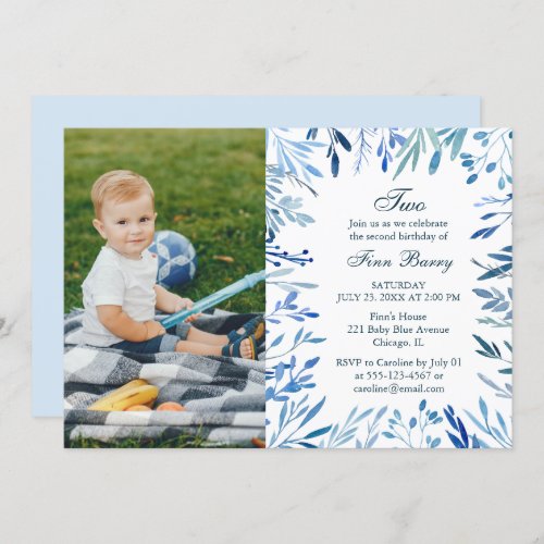 Modern Blue Floral Boy 2nd Birthday Photo Invitation