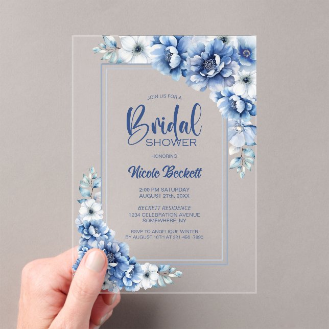 Modern Blue Floral Bridal Shower Acrylic Invitations (Insitu (Handheld))