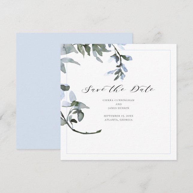 Modern Blue Floral Calligraphy Save the Date Card (Front/Back)
